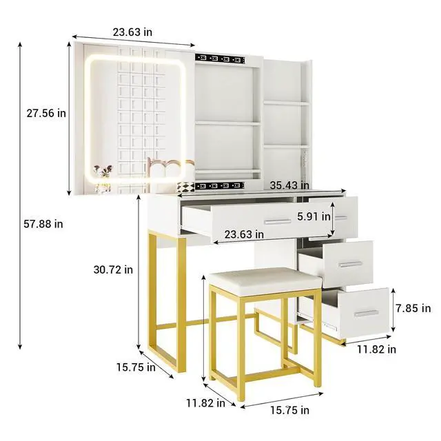 Alt view image 4 of 7 - Patikuin Vanity Desk with Mirror and Lights, Power Outlets, Wood Makeup Vanity Table with Cushioned Chair, Hairdryer Holder, 3 Lighting Colors, 4 Drawers and 5 Storage Shelves for Bedroom, White