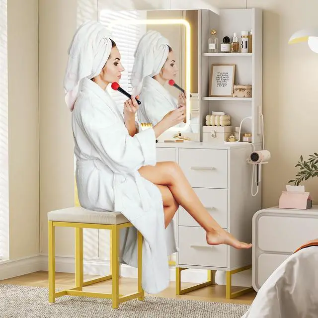 Alt view image 6 of 7 - Patikuin Vanity Desk with Mirror and Lights, Power Outlets, Wood Makeup Vanity Table with Cushioned Chair, Hairdryer Holder, 3 Lighting Colors, 4 Drawers and 5 Storage Shelves for Bedroom, White
