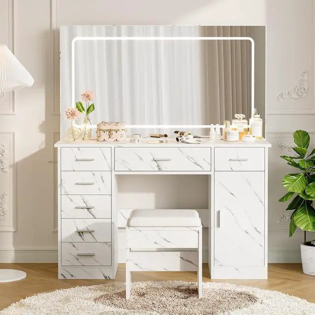 Alt view image 7 of 7 - Vanity Desk with Large Mirror and Lights, Makeup Vanity with Power Outlet, 7 Drawers & Cushioned Stool, 3 Lighting Color Adjustable, Dressing Table with Hairdryer Holder for Bedroom, Marble White