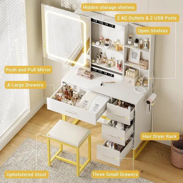 Alt view image 3 of 7 - Patikuin Vanity Desk with Mirror and Lights, Power Outlets, Wood Makeup Vanity Table with Cushioned Chair, Hairdryer Holder, 3 Lighting Colors, 4 Drawers and 5 Storage Shelves for Bedroom, White