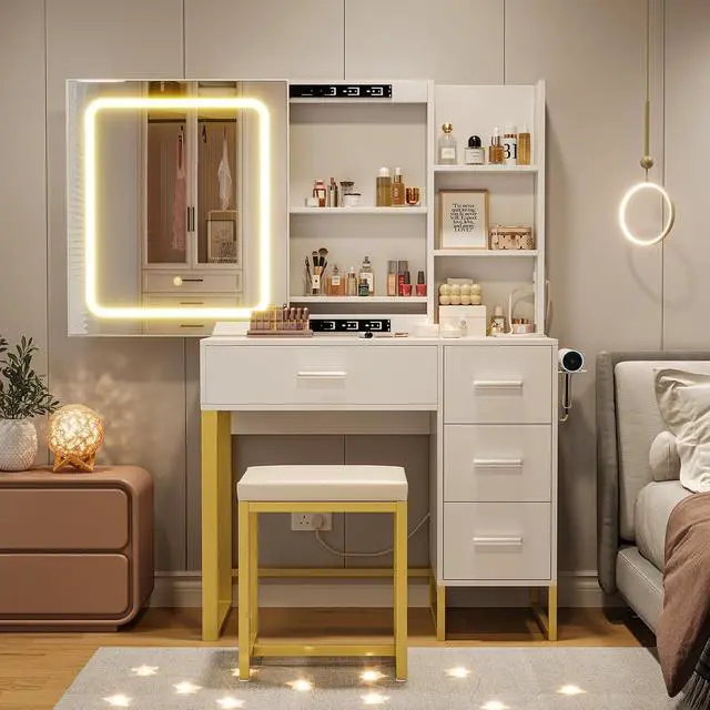 Alt view image 7 of 7 - Patikuin Vanity Desk with Mirror and Lights, Power Outlets, Wood Makeup Vanity Table with Cushioned Chair, Hairdryer Holder, 3 Lighting Colors, 4 Drawers and 5 Storage Shelves for Bedroom, White