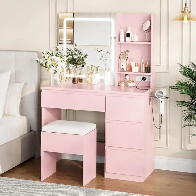 Main image of Vanity Desk with Mirror and LED Light, Vanity Desk with 4 Drawers, Power Outlet, Storage Stool, Storage Shelves & Hair Dryer Holder, Adjustable 3 Lighting Mode, Makeup Vanity Set for Bedroom, Pink