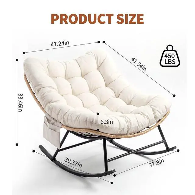 Alt view image 2 of 6 - Patikuin Reinforced Steel Patio Rocking Chair, Weather-Resistant Rattan, UV-Proof Cushion, 450 Lbs Capacity, Yellow Rattan with Beige Cushion, Single