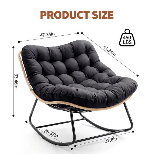 Alt view image 3 of 7 - Patikuin Reinforced Steel Patio Rocking Chair, Weather-Resistant Rattan, UV-Proof Cushion, 450 Lbs Capacity, Yellow Rattan with Black Cushion, Single, Arch Foot