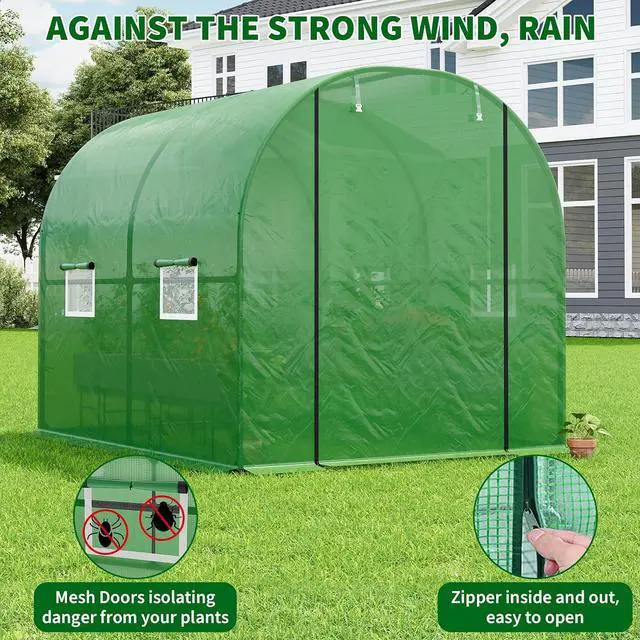 Alt view image 3 of 7 - Patikuin Large Walk-in Tunnel Greenhouse, Heavy Duty Galvanized Steel Frame, Mesh Door & Windows, Roll-Up Zipper Door, UV-Protected PE Cover for Garden Plants, Green