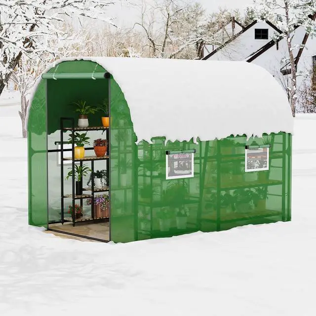 Alt view image 6 of 7 - Patikuin Large Walk-in Tunnel Greenhouse, Heavy Duty Galvanized Steel Frame, Mesh Door & Windows, Roll-Up Zipper Door, UV-Protected PE Cover for Garden Plants, Green
