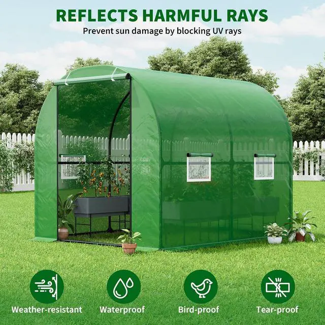 Alt view image 5 of 7 - Patikuin Large Walk-in Tunnel Greenhouse, Heavy Duty Galvanized Steel Frame, Mesh Door & Windows, Roll-Up Zipper Door, UV-Protected PE Cover for Garden Plants, Green
