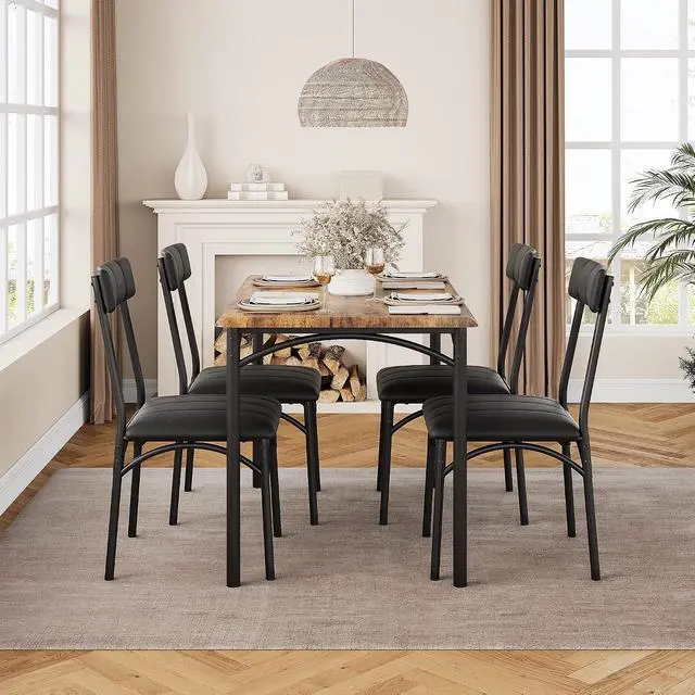 Alt view image 4 of 7 - Patikuin Farmhouse Dining Table Set for 4, Compact 5-Piece Wooden Kitchen Table with 4 Padded Chairs, Small Rectangular Table and Chairs Set of 4, Ideal for Apartments and Small Living Spaces,Brown
