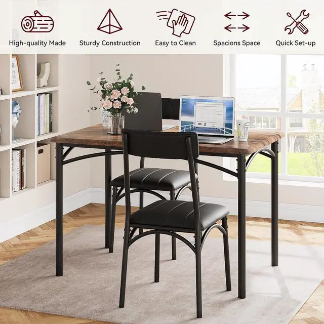 Alt view image 5 of 7 - Patikuin Farmhouse Dining Table Set for 4, Compact 5-Piece Wooden Kitchen Table with 4 Padded Chairs, Small Rectangular Table and Chairs Set of 4, Ideal for Apartments and Small Living Spaces,Brown