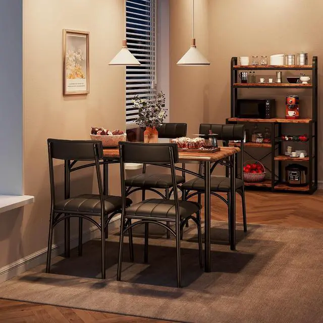 Alt view image 6 of 7 - Patikuin Farmhouse Dining Table Set for 4, Compact 5-Piece Wooden Kitchen Table with 4 Padded Chairs, Small Rectangular Table and Chairs Set of 4, Ideal for Apartments and Small Living Spaces,Brown