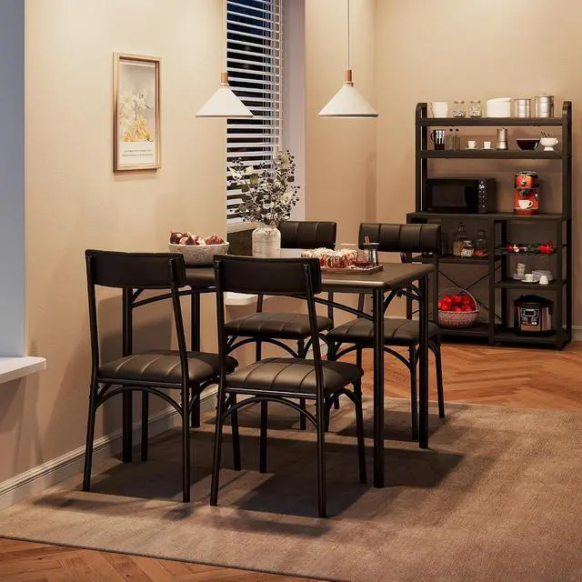 Alt view image 2 of 7 - Patikuin Farmhouse 5-Piece Dining Table Set for 4, Compact Wooden Kitchen Table with 4 Padded Chairs, Small Rectangular Dining Set, Space-Saving Furniture for Apartment & Small Space, Black