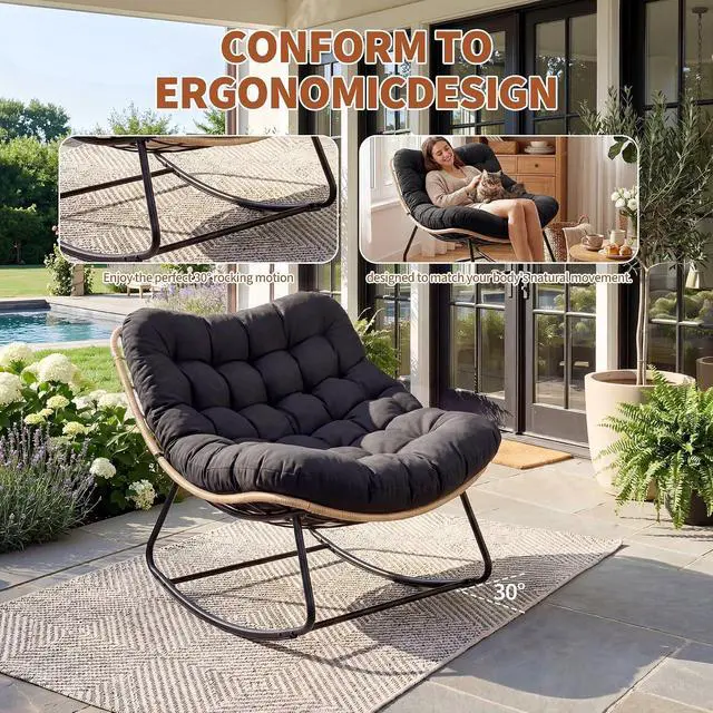 Alt view image 6 of 7 - Patikuin Reinforced Steel Patio Rocking Chair, Weather-Resistant Rattan, UV-Proof Cushion, 450 Lbs Capacity, Yellow Rattan with Black Cushion, Single, Arch Foot