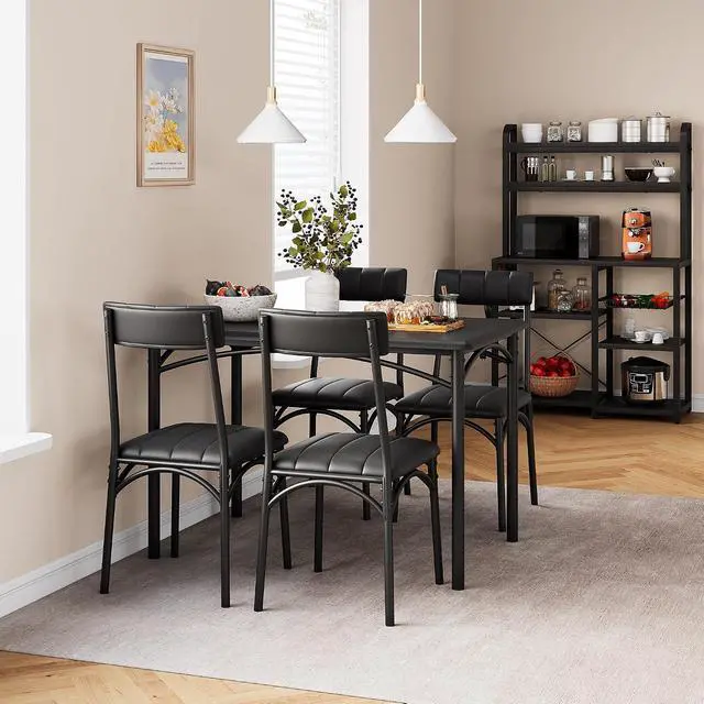 Alt view image 3 of 7 - Patikuin Farmhouse 5-Piece Dining Table Set for 4, Compact Wooden Kitchen Table with 4 Padded Chairs, Small Rectangular Dining Set, Space-Saving Furniture for Apartment & Small Space, Black