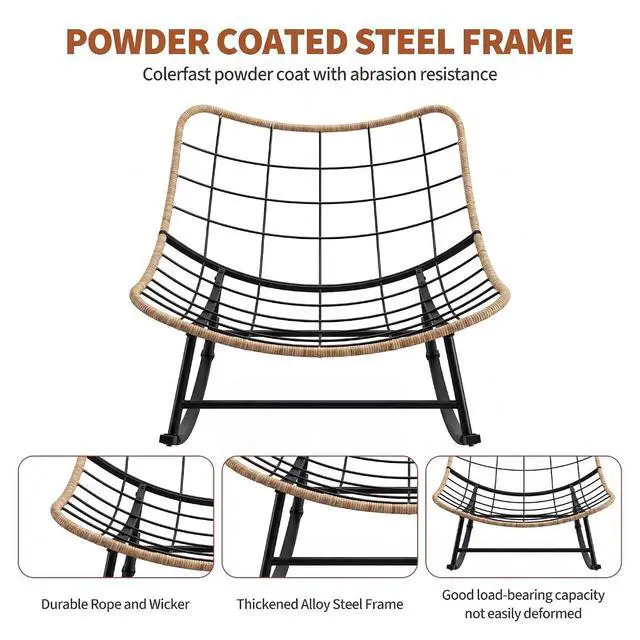 Alt view image 3 of 7 - Patikuin Reinforced Steel Patio Rocking Chair, Weather-Resistant Rattan, UV-Proof Cushion, 450 Lbs Capacity, Yellow Rattan with Black Cushion, Single