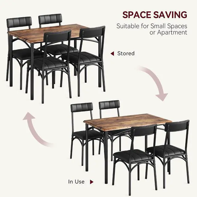 Alt view image 7 of 7 - Patikuin Farmhouse Dining Table Set for 4, Compact 5-Piece Wooden Kitchen Table with 4 Padded Chairs, Small Rectangular Table and Chairs Set of 4, Ideal for Apartments and Small Living Spaces,Brown