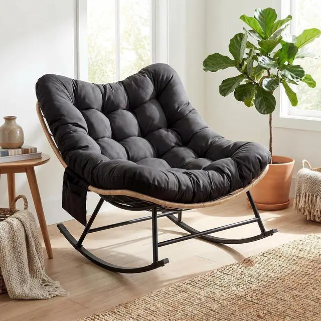 Main image of Patikuin Reinforced Steel Patio Rocking Chair, Weather-Resistant Rattan, UV-Proof Cushion, 450 Lbs Capacity, Yellow Rattan with Black Cushion, Single