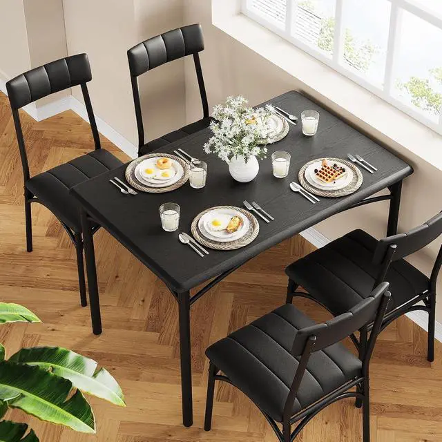 Alt view image 4 of 7 - Patikuin Farmhouse 5-Piece Dining Table Set for 4, Compact Wooden Kitchen Table with 4 Padded Chairs, Small Rectangular Dining Set, Space-Saving Furniture for Apartment & Small Space, Black