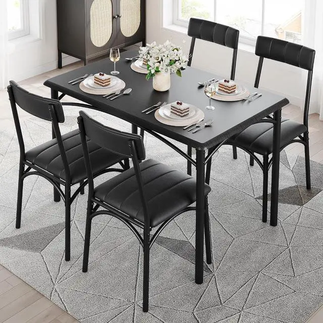 Main image of Patikuin Farmhouse 5-Piece Dining Table Set for 4, Compact Wooden Kitchen Table with 4 Padded Chairs, Small Rectangular Dining Set, Space-Saving Furniture for Apartment & Small Space, Black
