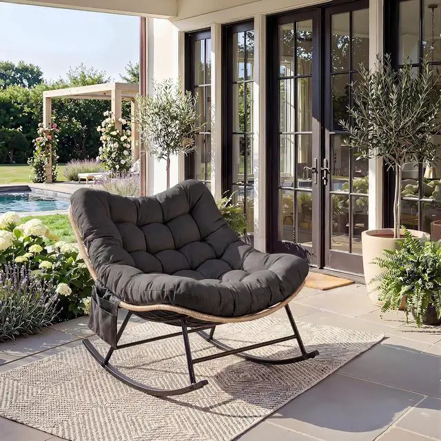 Alt view image 4 of 7 - Patikuin Reinforced Steel Patio Rocking Chair, Weather-Resistant Rattan, UV-Proof Cushion, 450 Lbs Capacity, Yellow Rattan with Black Cushion, Single