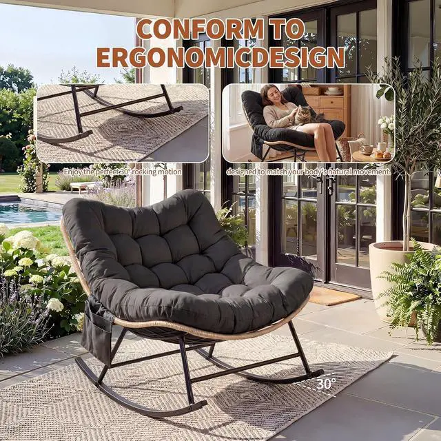 Alt view image 7 of 7 - Patikuin Reinforced Steel Patio Rocking Chair, Weather-Resistant Rattan, UV-Proof Cushion, 450 Lbs Capacity, Yellow Rattan with Black Cushion, Single