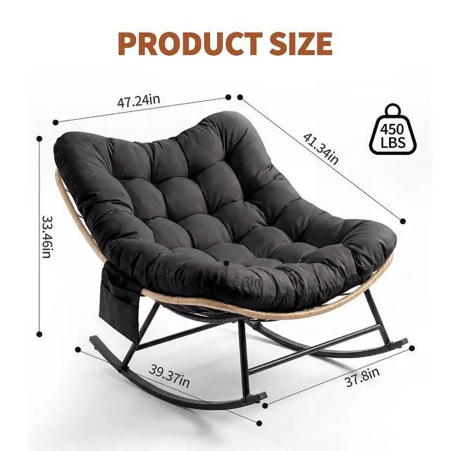 Alt view image 2 of 7 - Patikuin Reinforced Steel Patio Rocking Chair, Weather-Resistant Rattan, UV-Proof Cushion, 450 Lbs Capacity, Yellow Rattan with Black Cushion, Single