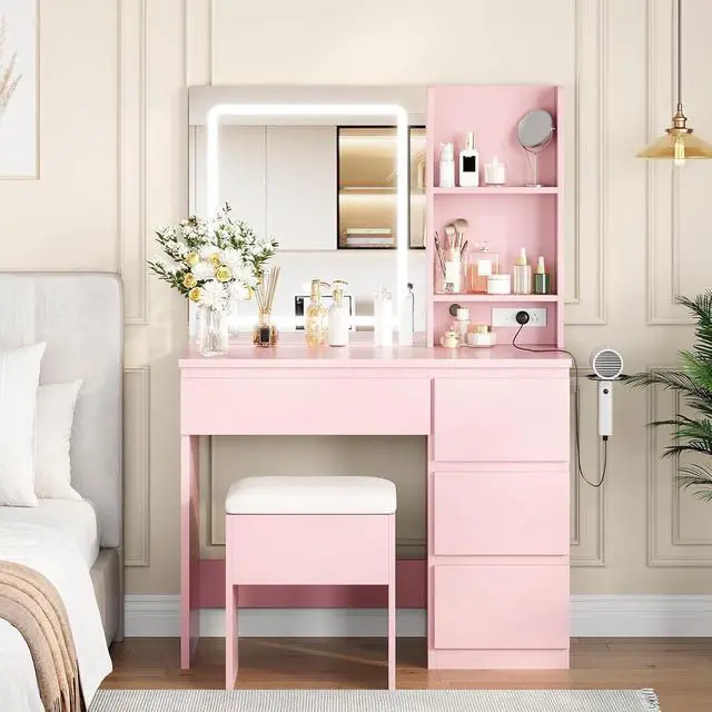 Alt view image 2 of 7 - Vanity Desk with Mirror and LED Light, Vanity Desk with 4 Drawers, Power Outlet, Storage Stool, Storage Shelves & Hair Dryer Holder, Adjustable 3 Lighting Mode, Makeup Vanity Set for Bedroom, Pink