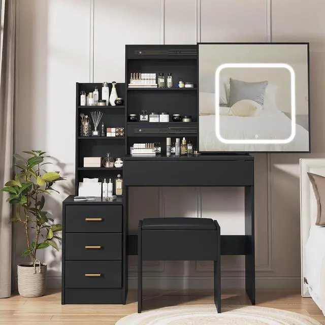 Main image of Vanity Desk With Mirror and LED Lights, Makeup Vanity Desk With Sliding Mirror, Power Outlet, 3 Color Adjustable Light, Dressing Table With 4 Drawers, Storage Shelves & Stool for Bedroom, Black