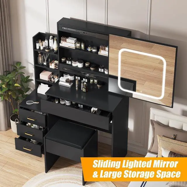 Alt view image 2 of 7 - Vanity Desk With Mirror and LED Lights, Makeup Vanity Desk With Sliding Mirror, Power Outlet, 3 Color Adjustable Light, Dressing Table With 4 Drawers, Storage Shelves & Stool for Bedroom, Black