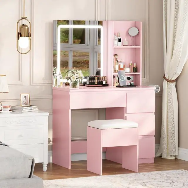 Alt view image 3 of 7 - Vanity Desk with Mirror and LED Light, Vanity Desk with 4 Drawers, Power Outlet, Storage Stool, Storage Shelves & Hair Dryer Holder, Adjustable 3 Lighting Mode, Makeup Vanity Set for Bedroom, Pink