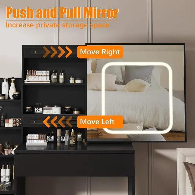 Alt view image 3 of 7 - Vanity Desk With Mirror and LED Lights, Makeup Vanity Desk With Sliding Mirror, Power Outlet, 3 Color Adjustable Light, Dressing Table With 4 Drawers, Storage Shelves & Stool for Bedroom, Black