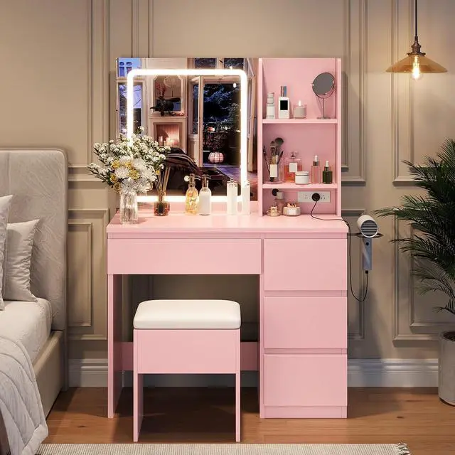 Alt view image 4 of 7 - Vanity Desk with Mirror and LED Light, Vanity Desk with 4 Drawers, Power Outlet, Storage Stool, Storage Shelves & Hair Dryer Holder, Adjustable 3 Lighting Mode, Makeup Vanity Set for Bedroom, Pink