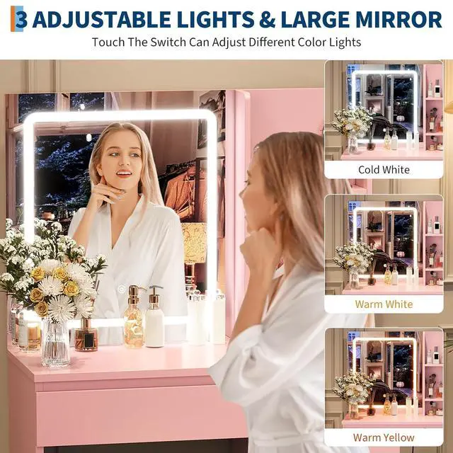 Alt view image 5 of 7 - Vanity Desk with Mirror and LED Light, Vanity Desk with 4 Drawers, Power Outlet, Storage Stool, Storage Shelves & Hair Dryer Holder, Adjustable 3 Lighting Mode, Makeup Vanity Set for Bedroom, Pink