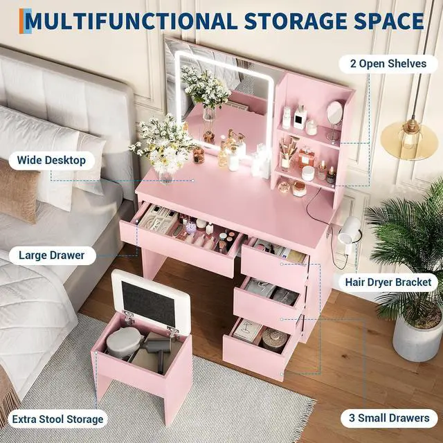 Alt view image 6 of 7 - Vanity Desk with Mirror and LED Light, Vanity Desk with 4 Drawers, Power Outlet, Storage Stool, Storage Shelves & Hair Dryer Holder, Adjustable 3 Lighting Mode, Makeup Vanity Set for Bedroom, Pink