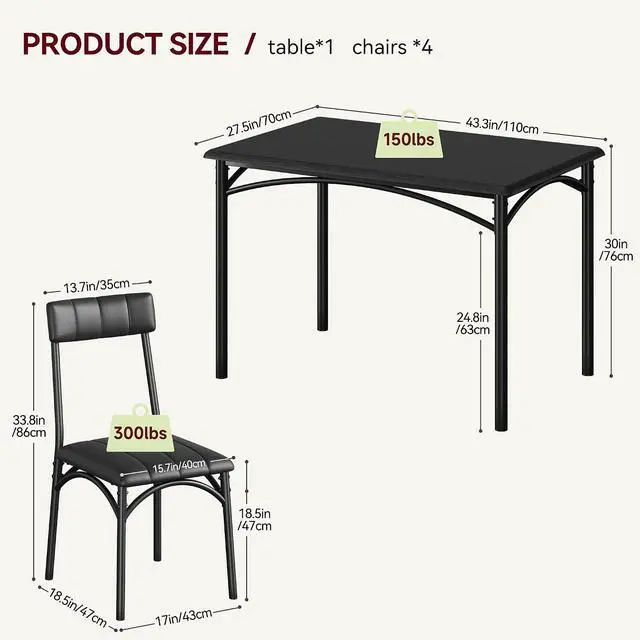 Alt view image 7 of 7 - Patikuin Farmhouse 5-Piece Dining Table Set for 4, Compact Wooden Kitchen Table with 4 Padded Chairs, Small Rectangular Dining Set, Space-Saving Furniture for Apartment & Small Space, Black
