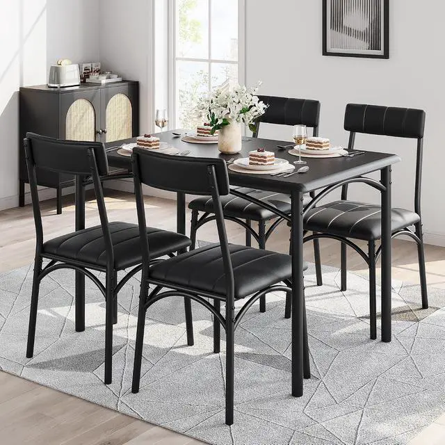 Alt view image 5 of 7 - Patikuin Farmhouse 5-Piece Dining Table Set for 4, Compact Wooden Kitchen Table with 4 Padded Chairs, Small Rectangular Dining Set, Space-Saving Furniture for Apartment & Small Space, Black