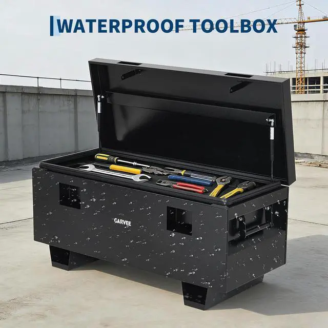 Alt view image 4 of 7 - Patikuin Heavy Duty Steel Jobsite Truck Bed Tool Box 36" Waterproof Lockable Storage Chest with Side Handles & Removable Legs, for Trucks, Trailers, Garage, Workshop Black Plastic Spray