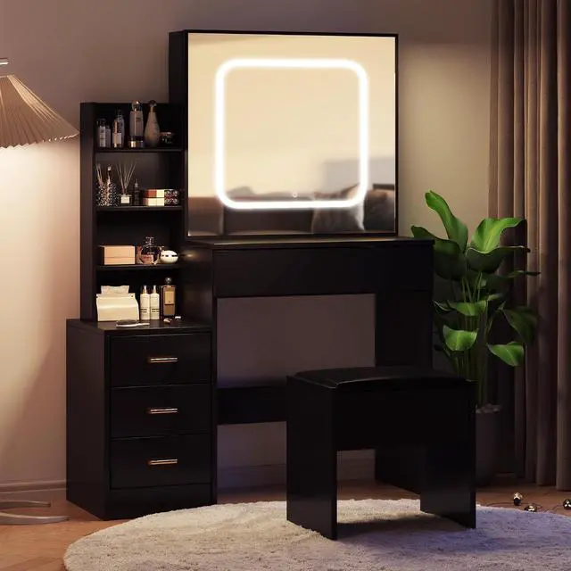 Alt view image 7 of 7 - Vanity Desk With Mirror and LED Lights, Makeup Vanity Desk With Sliding Mirror, Power Outlet, 3 Color Adjustable Light, Dressing Table With 4 Drawers, Storage Shelves & Stool for Bedroom, Black