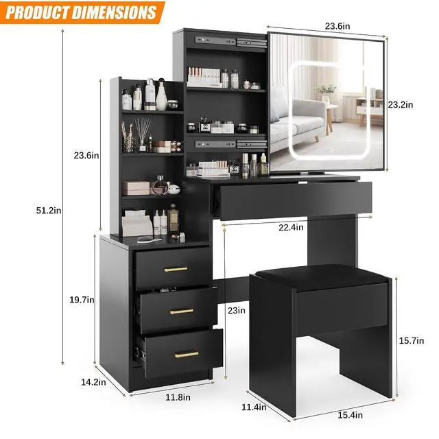 Alt view image 4 of 7 - Vanity Desk With Mirror and LED Lights, Makeup Vanity Desk With Sliding Mirror, Power Outlet, 3 Color Adjustable Light, Dressing Table With 4 Drawers, Storage Shelves & Stool for Bedroom, Black