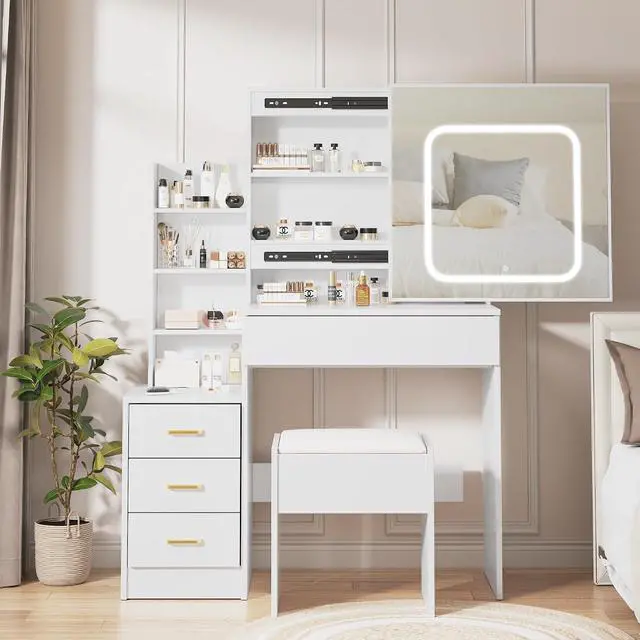 Main image of Vanity Desk With Mirror and LED Lights, Makeup Vanity Desk With Sliding Mirror, Power Outlet, 3 Color Adjustable Light, Dressing Table With 4 Drawers, Storage Shelves & Stool for Bedroom, White