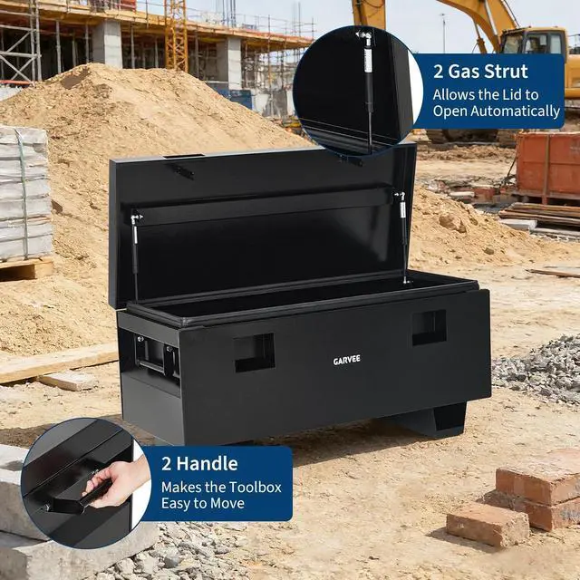 Alt view image 7 of 7 - Patikuin Heavy Duty Steel Jobsite Truck Bed Tool Box 36" Waterproof Lockable Storage Chest with Side Handles & Removable Legs, for Trucks, Trailers, Garage, Workshop Black Plastic Spray