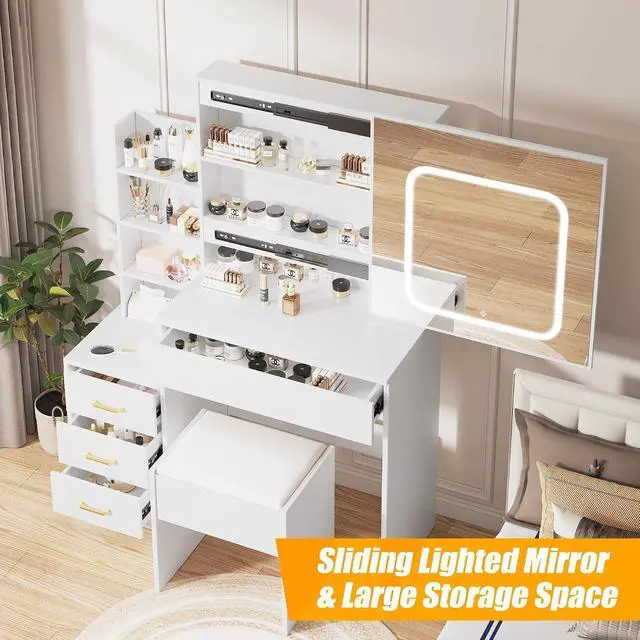 Alt view image 2 of 7 - Vanity Desk With Mirror and LED Lights, Makeup Vanity Desk With Sliding Mirror, Power Outlet, 3 Color Adjustable Light, Dressing Table With 4 Drawers, Storage Shelves & Stool for Bedroom, White
