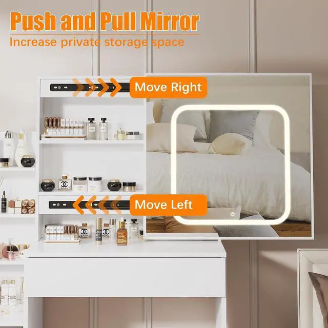 Alt view image 3 of 7 - Vanity Desk With Mirror and LED Lights, Makeup Vanity Desk With Sliding Mirror, Power Outlet, 3 Color Adjustable Light, Dressing Table With 4 Drawers, Storage Shelves & Stool for Bedroom, White