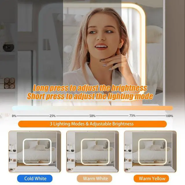 Alt view image 4 of 7 - Vanity Desk With Mirror and LED Lights, Makeup Vanity Desk With Sliding Mirror, Power Outlet, 3 Color Adjustable Light, Dressing Table With 4 Drawers, Storage Shelves & Stool for Bedroom, White
