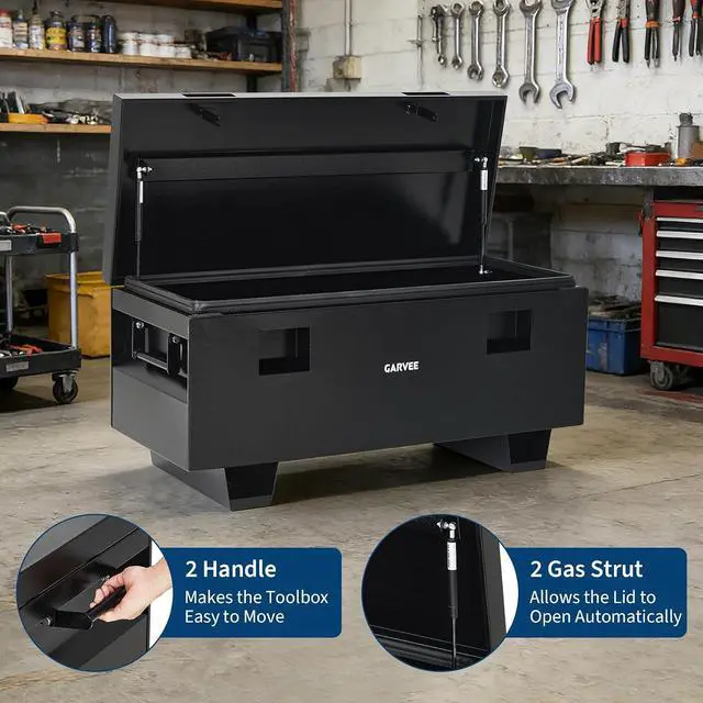 Alt view image 5 of 7 - Patikuin Heavy Duty Steel Jobsite Truck Bed Tool Box 42" Lockable Waterproof Storage Chest with Removable Legs, Side Handles, for Truck, Trailer, RV, Garage Black Spray Coating
