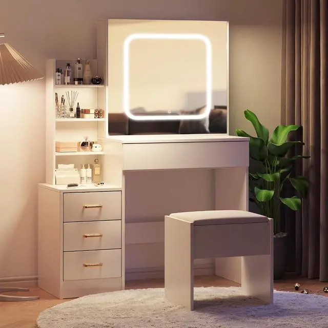 Alt view image 6 of 7 - Vanity Desk With Mirror and LED Lights, Makeup Vanity Desk With Sliding Mirror, Power Outlet, 3 Color Adjustable Light, Dressing Table With 4 Drawers, Storage Shelves & Stool for Bedroom, White
