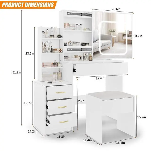 Alt view image 7 of 7 - Vanity Desk With Mirror and LED Lights, Makeup Vanity Desk With Sliding Mirror, Power Outlet, 3 Color Adjustable Light, Dressing Table With 4 Drawers, Storage Shelves & Stool for Bedroom, White