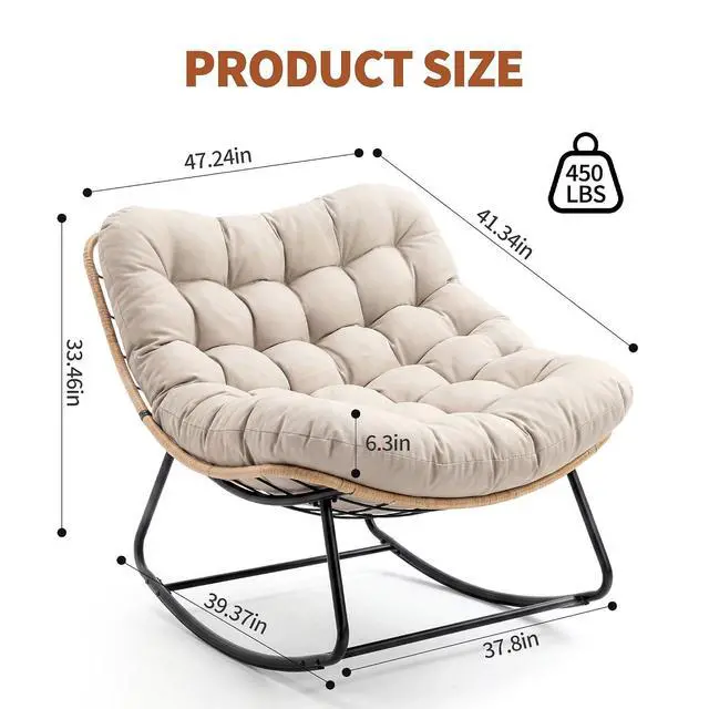 Alt view image 2 of 5 - Patikuin Reinforced Steel Patio Rocking Chair, Weather-Resistant Rattan, UV-Proof Cushion, 450 Lbs Capacity, Yellow Rattan with Gray Cushion, Single