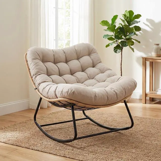 Main image of Patikuin Reinforced Steel Patio Rocking Chair, Weather-Resistant Rattan, UV-Proof Cushion, 450 Lbs Capacity, Yellow Rattan with Gray Cushion, Single