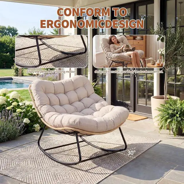 Alt view image 3 of 5 - Patikuin Reinforced Steel Patio Rocking Chair, Weather-Resistant Rattan, UV-Proof Cushion, 450 Lbs Capacity, Yellow Rattan with Gray Cushion, Single