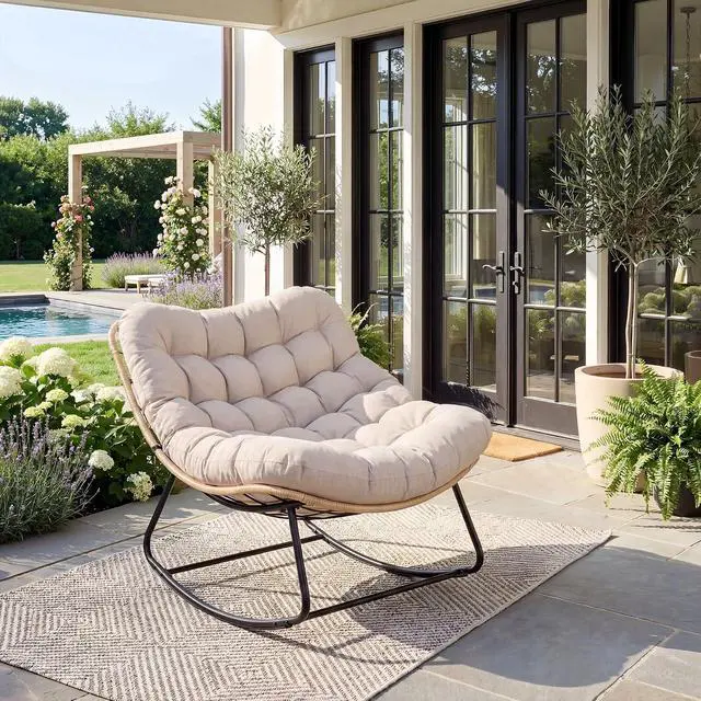 Alt view image 5 of 5 - Patikuin Reinforced Steel Patio Rocking Chair, Weather-Resistant Rattan, UV-Proof Cushion, 450 Lbs Capacity, Yellow Rattan with Gray Cushion, Single